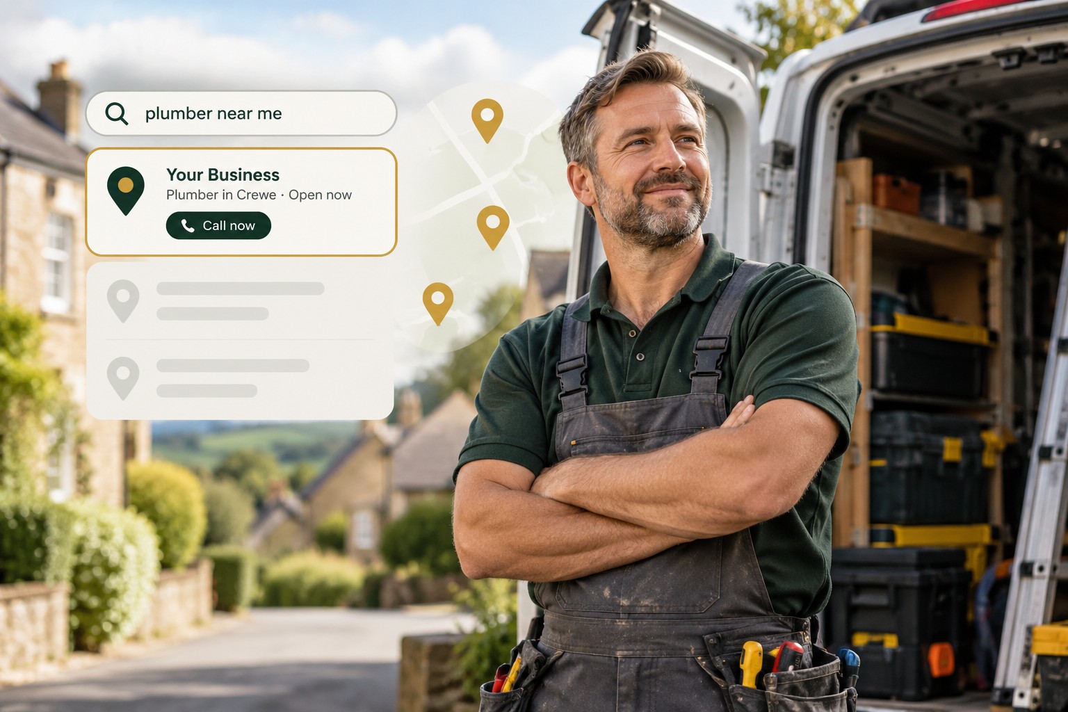 Local SEO for trades illustration showing a tradesperson and local search visibility